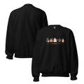 Two black crewneck sweatshirts shown on a plain white background, with one front view and one back view. The front sweatshirt features a colorful cartoon graphic of two characters and the text 'Have a bootiful Halloween!'.