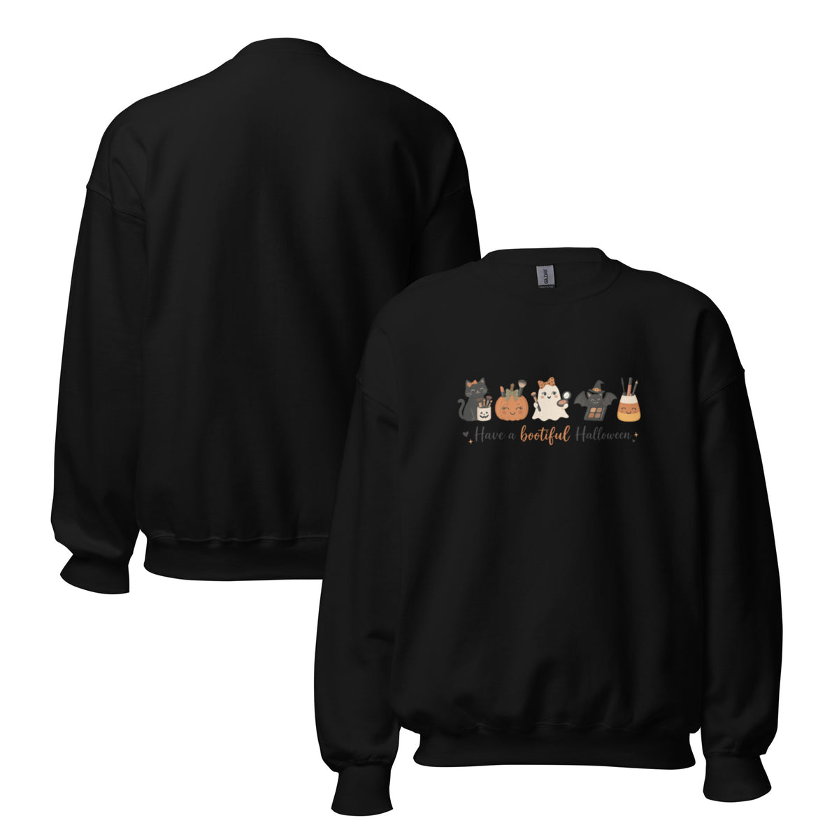 Two black crewneck sweatshirts shown on a plain white background, with one front view and one back view. The front sweatshirt features a colorful cartoon graphic of two characters and the text 'Have a bootiful Halloween!'.