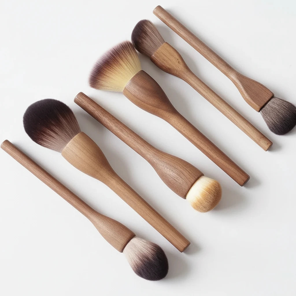 Set of wooden makeup brushes on a light gray background