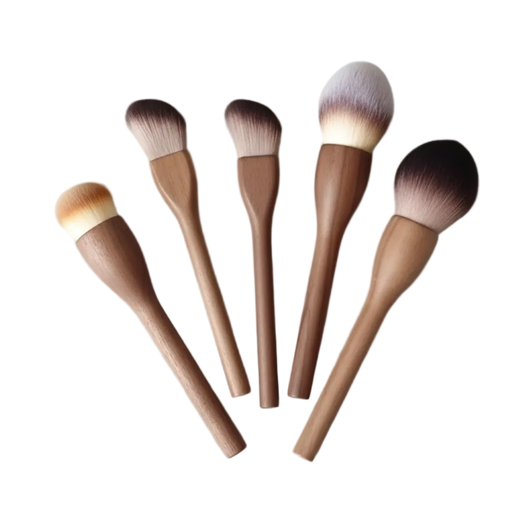 five makeup brushes with light brown wooden handles and soft bristles in various shapes, arranged on a light gray and white background.