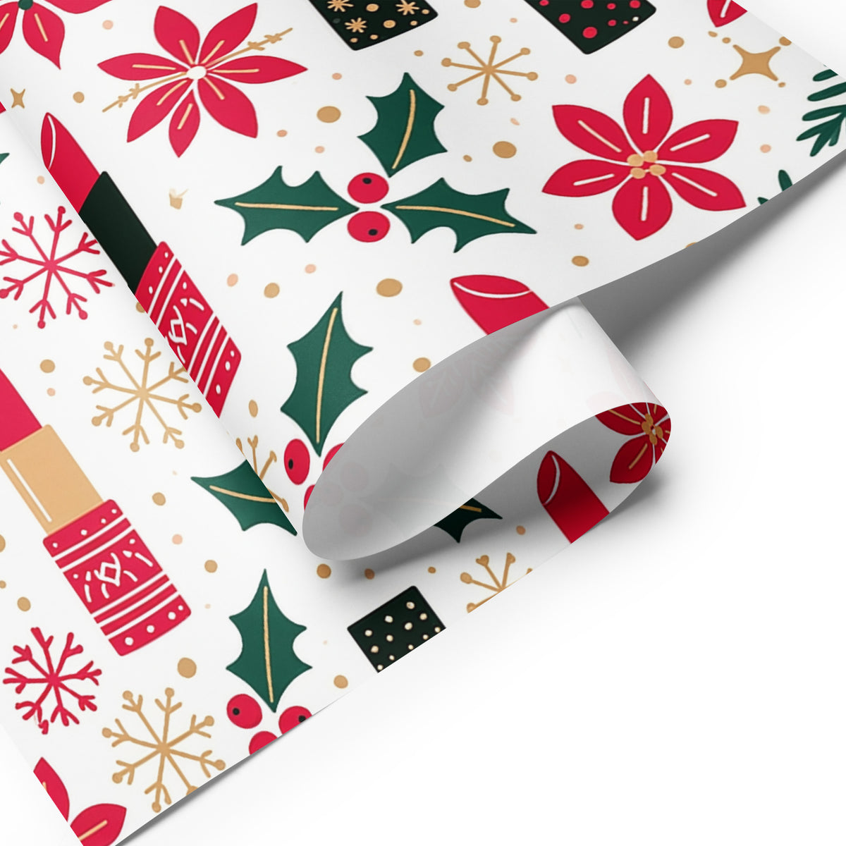 White wrapping paper with a festive Christmas pattern featuring red poinsettias, green holly leaves, gold snowflakes, and red-and-gold gift boxes, shown partially rolled on a white background.