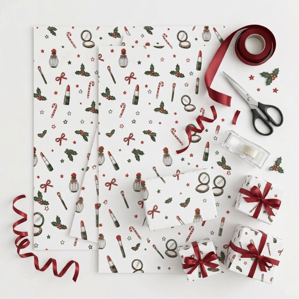 Christmas-themed wrapping paper set with a white background and a festive pattern of red lipsticks, green holly, red bows, candy canes, and stars. The image shows multiple sheets of wrapping paper, some wrapped around gift boxes, along with a roll of red ribbon, scissors, tape, and a tape dispenser on a clean white background.